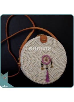 White Round Rattan Bag With Beaded Pink Dreamcatcher