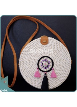 White Round Rattan Bag With Black And Pink Dream Catcher