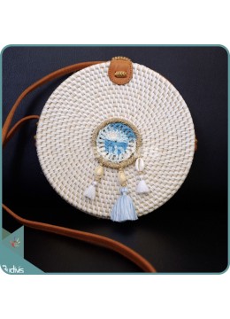 White Round Rattan Bag With Blue And White Dream Catcher