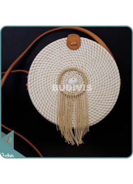 White Round Rattan Bag With Brown Pendant Dreamcatcher