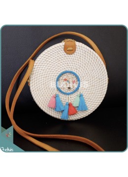 White Round Rattan Bag With Multi-Colored Dream Catcher