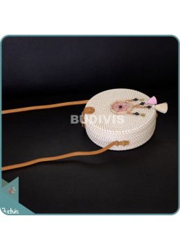 White Round Rattan Bag With Pink And Brown Charms