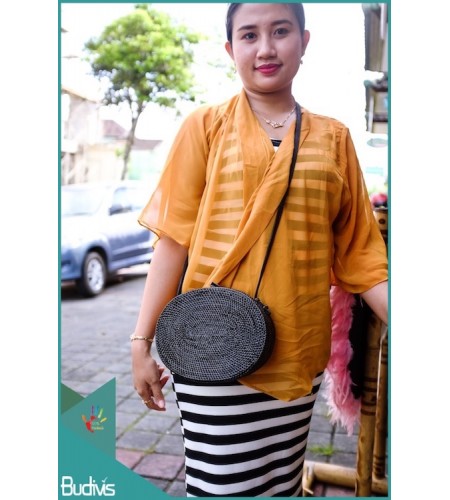 Black Oval Rattan Bag With Strap