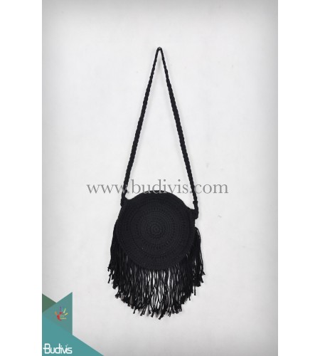 Black Round Wallet Lace Woven Cotton Bag Crossbody Bag Tassel Hippie