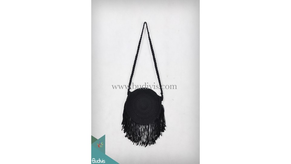 Black Round Wallet Lace Woven Cotton Bag Crossbody Bag Tassel Hippie