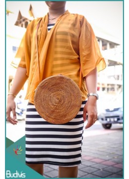 Natural Solid Rattan Bag With Leather Strap