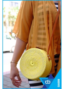 Yellow Rattan Bag With Belt