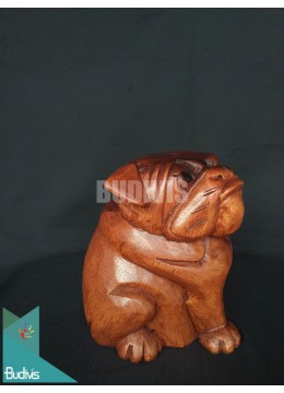 Indonesian Hand-Carved Wood Carving Of A Sittinyg Bulldog