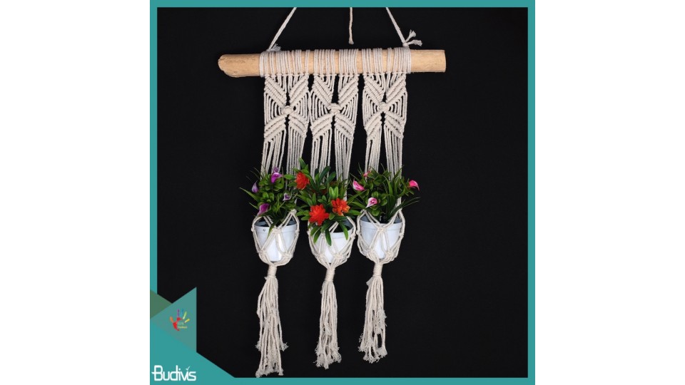 Affordable Triple Basket Rope Handwoven Wooden Hanging Macrame Planter