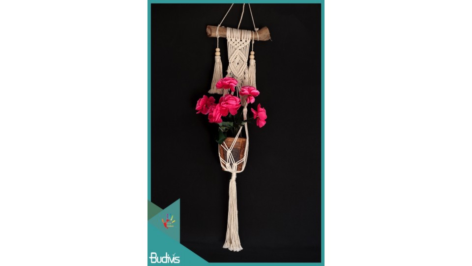 Wholesale Rope Hand-Woven Hanging Macrame Planter With Driftwood