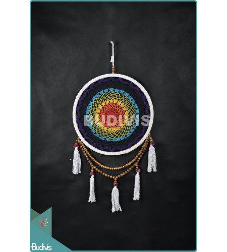 Bali Dream Catcher Cotton Rope Rainbow Tassel Wood Beads Wall Hanging Bohemian Style Handmade