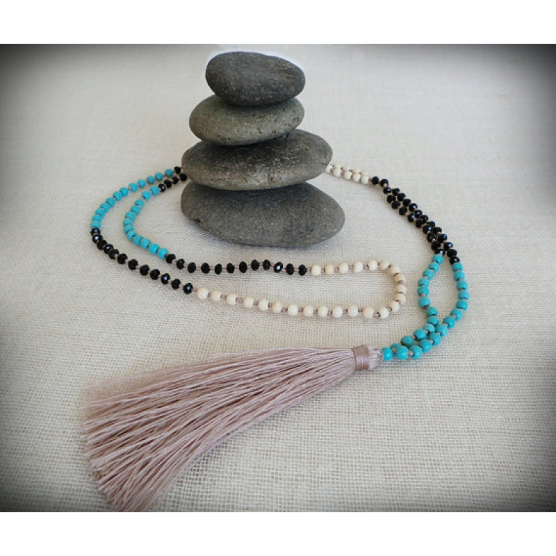 Beaded Tassel Necklace Crystal, Bali Long Necklace, Tassel Necklaces