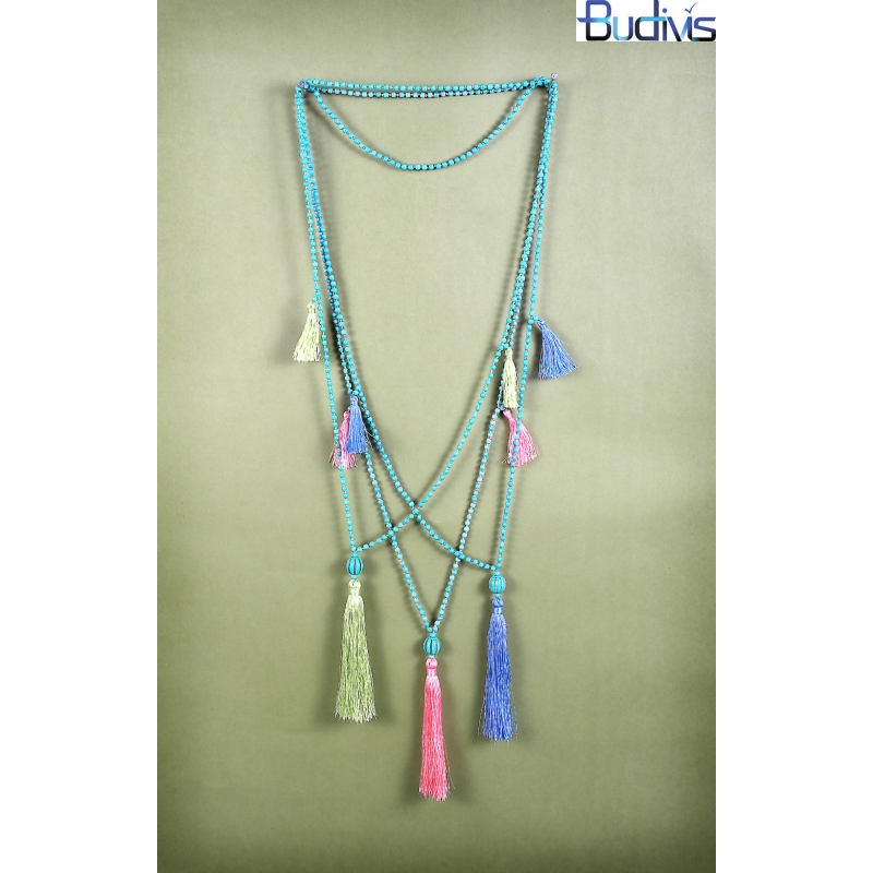 Long String Of Jewels And Stone Tassel Necklace