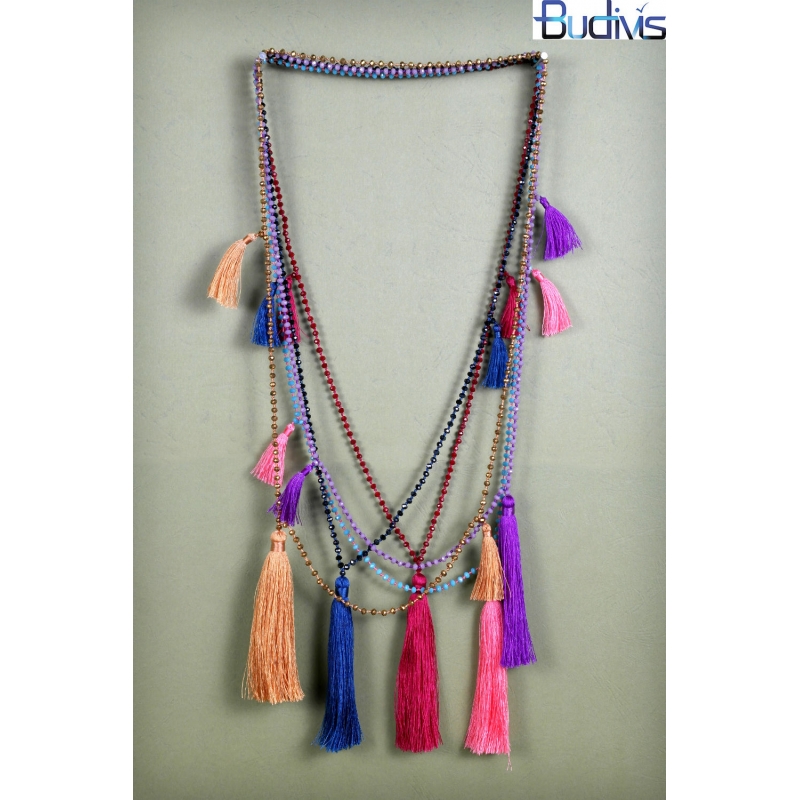 Long Beaded Crystal Tassel Necklace