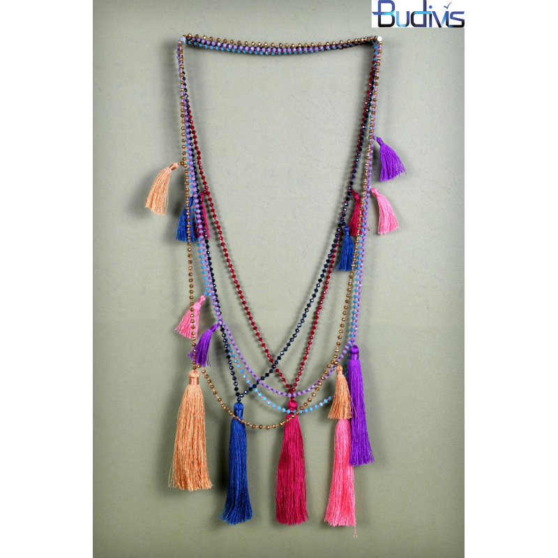 Long Beaded Crystal Tassel Necklace Jewelry, Hand Knotted Jewelry