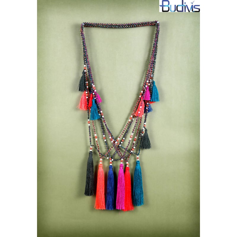 Long Beaded Crystal Tassel Necklace Jewelry, Hand Knotted Jewelry