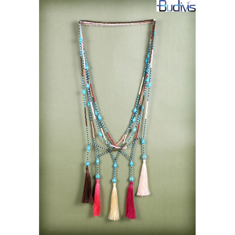 Long Beaded Crystal Tassel Necklace