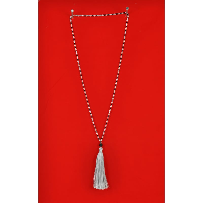 Long Beaded Tassel Necklace W/Black Pearls