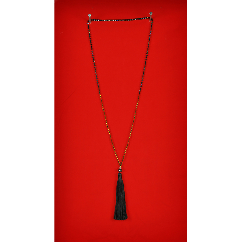 Long Beaded Tassel Necklace W/Black Pearls