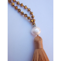 Long Beaded Tassel Necklace W/White Pearls