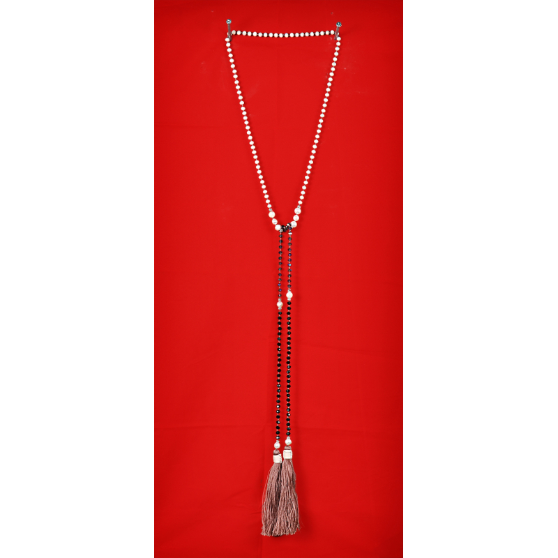 Long Beaded Lariat Tassel Necklace W/Pearls