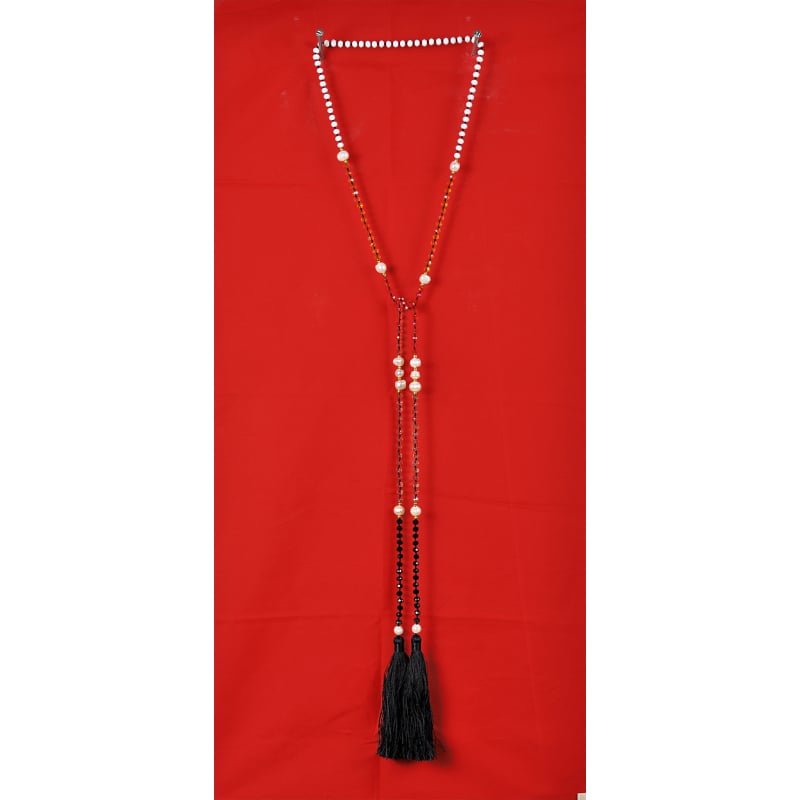 Long Beaded Lariat Tassel Necklace W/Pearls