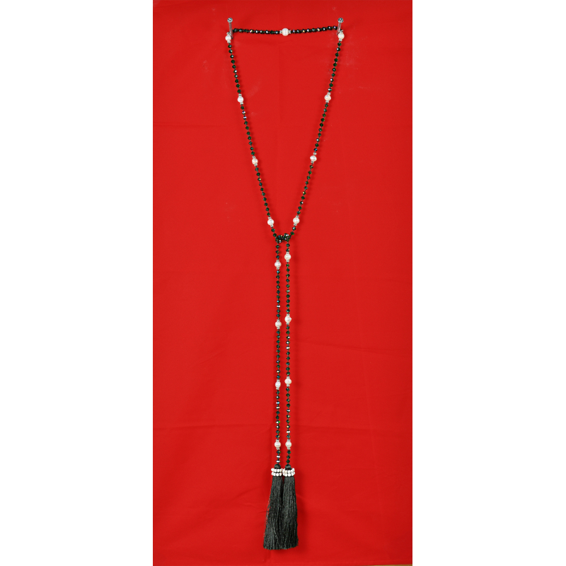 Long Beaded Lariat Tassel Necklace W/Pearls