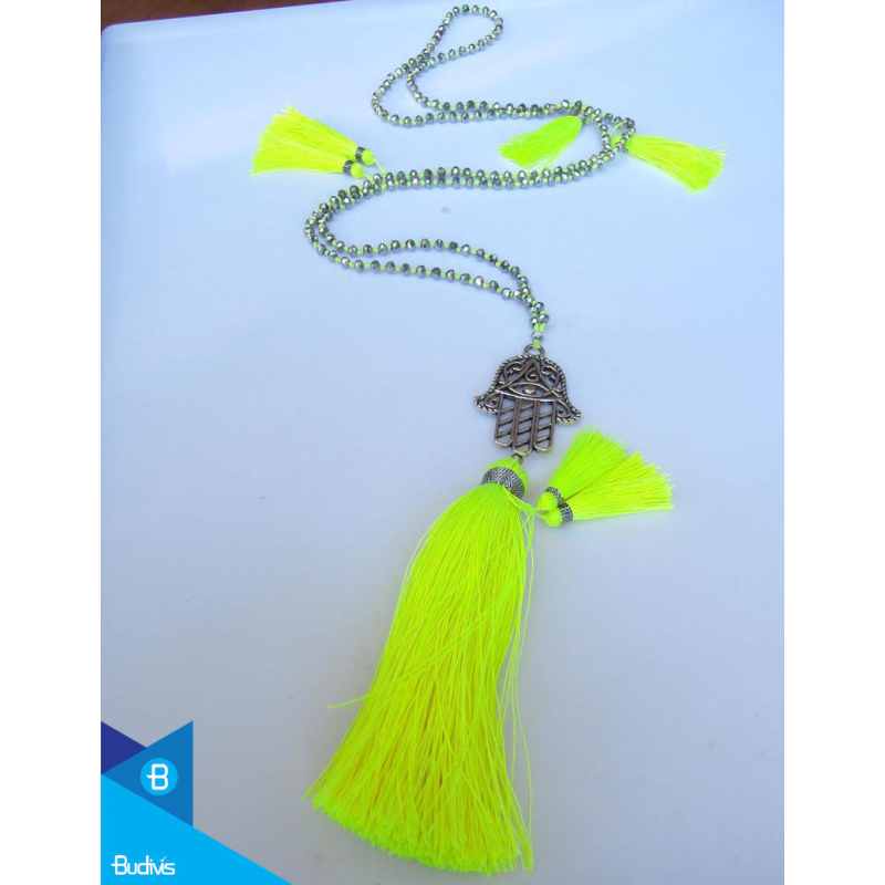 Hand Woven Long Crystal Tassel Necklace With Hamsa