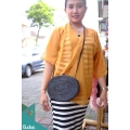 Black Oval Rattan Bag  With Leather Strap