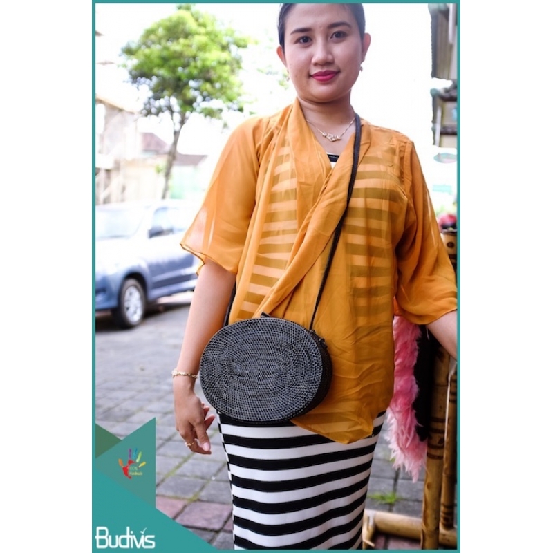 Black Oval Rattan Bag  With Leather Strap