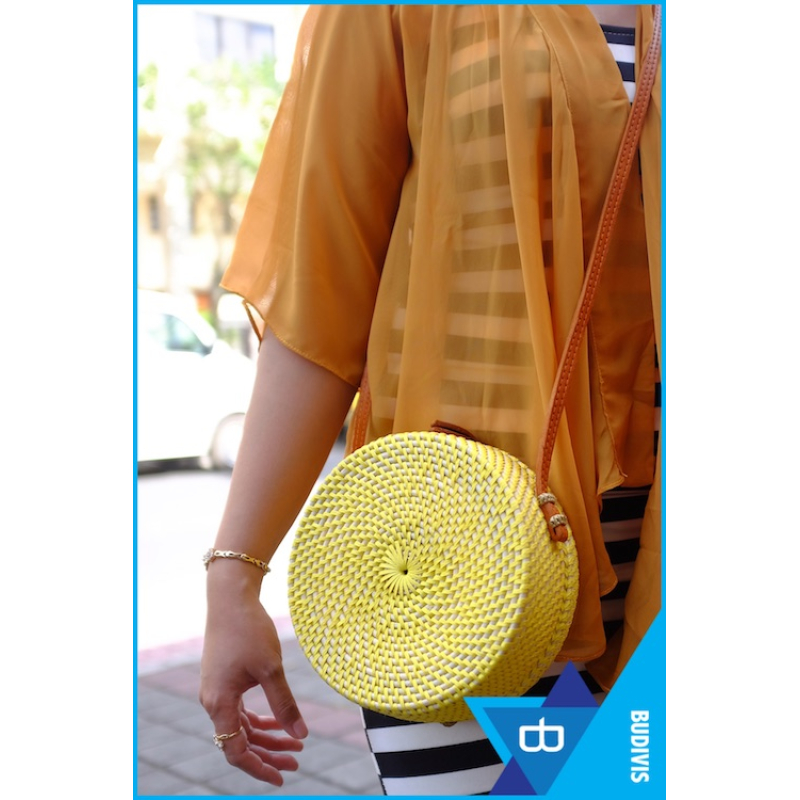 Yellow Rattan Bag With Belt