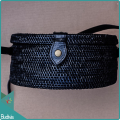 Black Rattan Round Bag With Leather Shoulder Strap