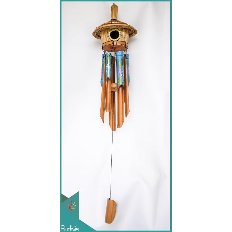 Hanging Hand Painted Blue Bamboo Wind Chimes From Bali Birdhouse Garden