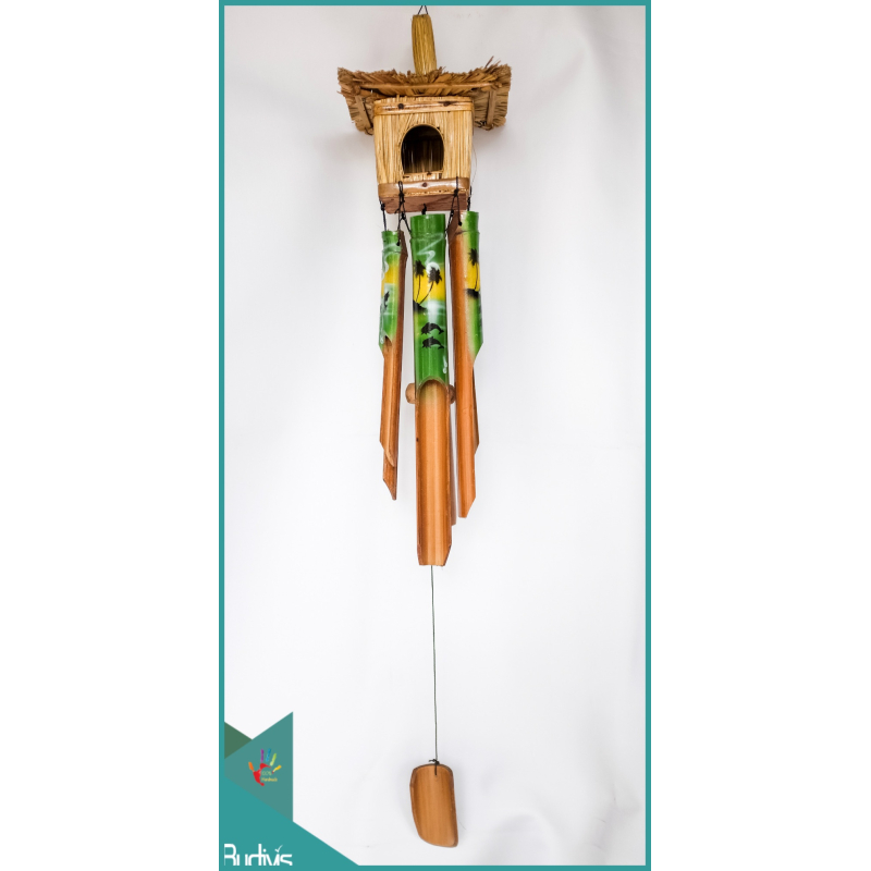 Indonesian Bird House Garden Hanging Hand Painted Green Bamboo Wind Chimes