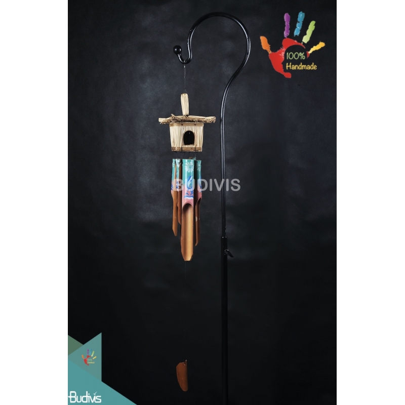 Bali Bird House Garden Hanging Hand Painted Green Beach Bamboo Wind Chimes