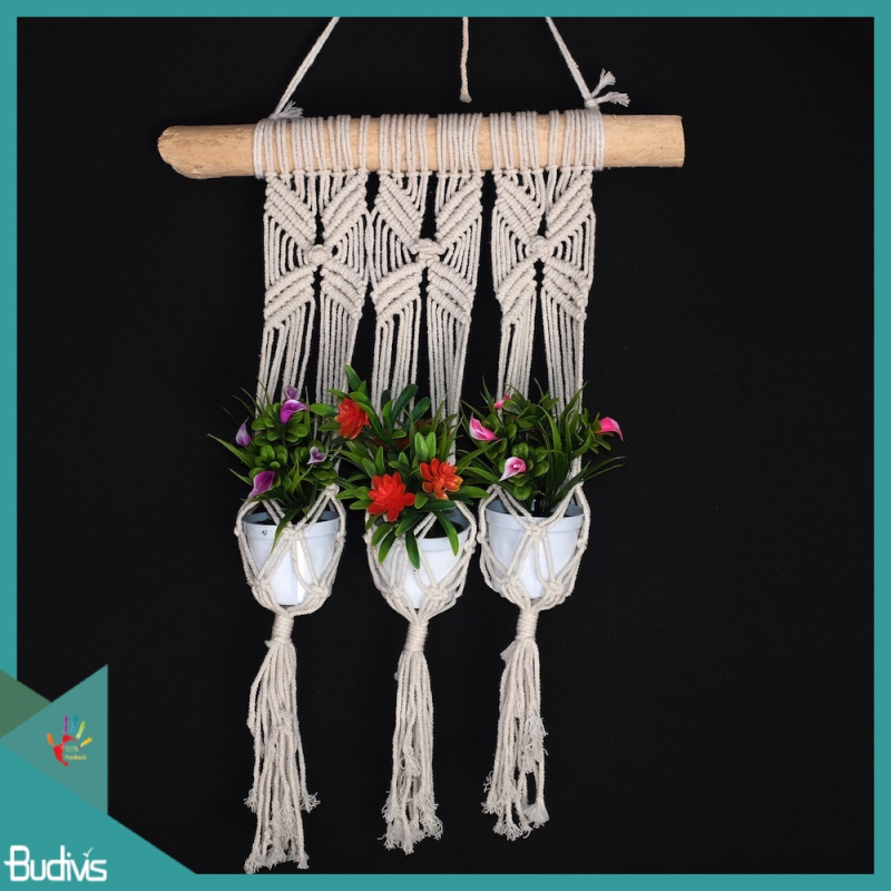 Affordable Triple Basket Rope Handwoven Wooden Hanging Macrame Planter