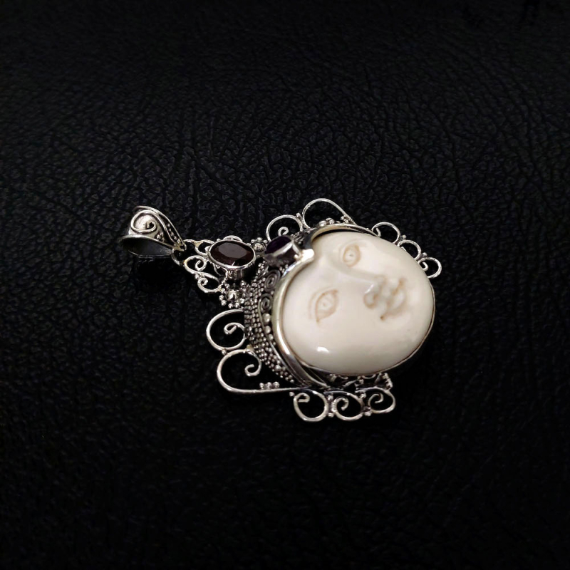 Wholesale Bone Carved Moon Face Sterling Silver Pendant 925