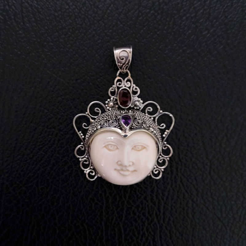 Wholesale Bone Carved Moon Face Sterling Silver Pendant 925