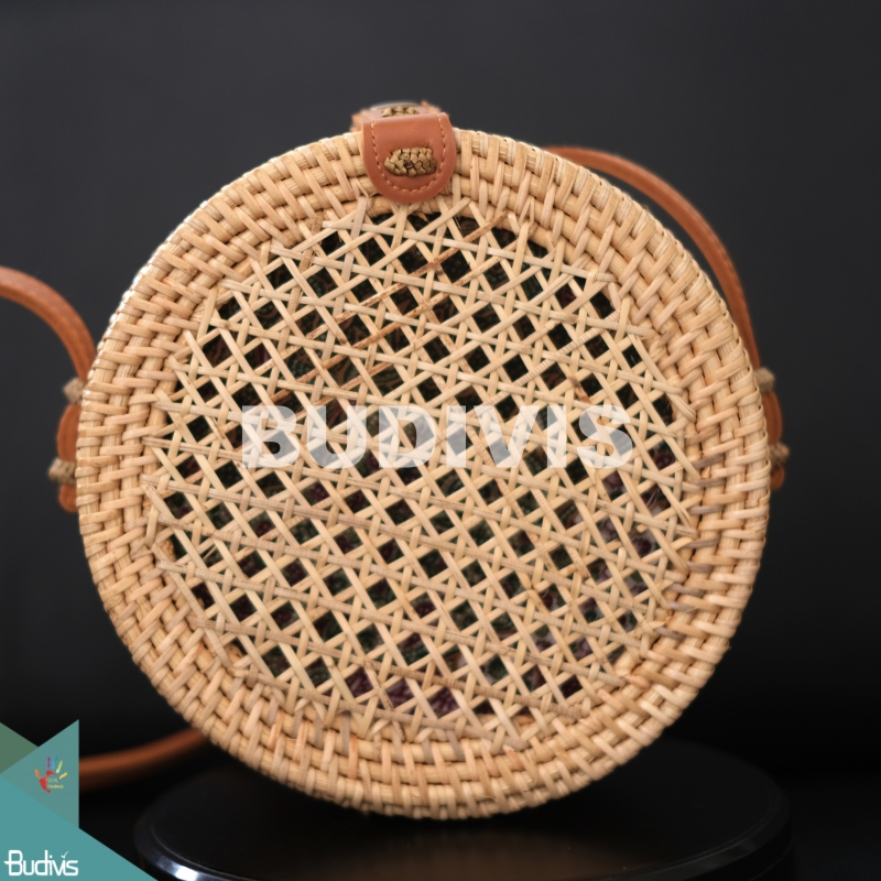 Round Brown Bali Rattan Woven Mesh Bag