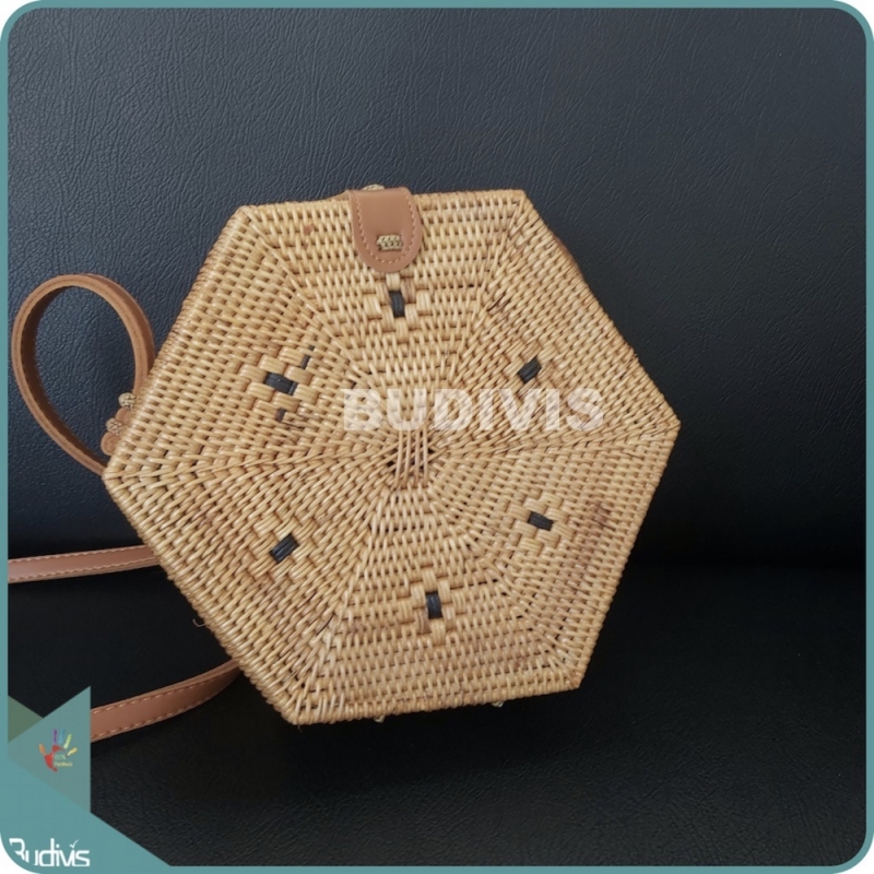 Natural Hand-Woven Hexagonal Rattan Bag