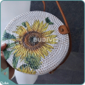 Single Sunflower Hand-Painted Rattan Round Bag