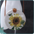 Single Sunflower Hand-Painted Rattan Round Bag