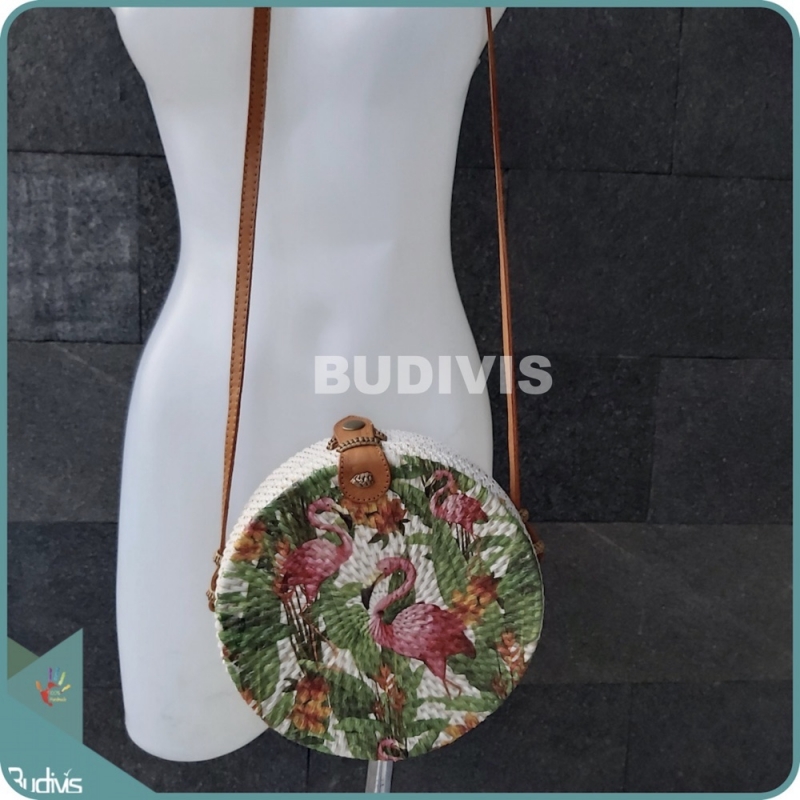 Flamingo Pattern Painted Bali Rattan Bag