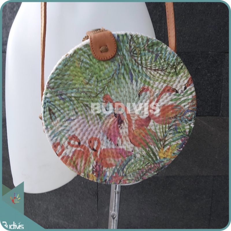 Balinese Rattan Bag With Flamingo Flock Painting