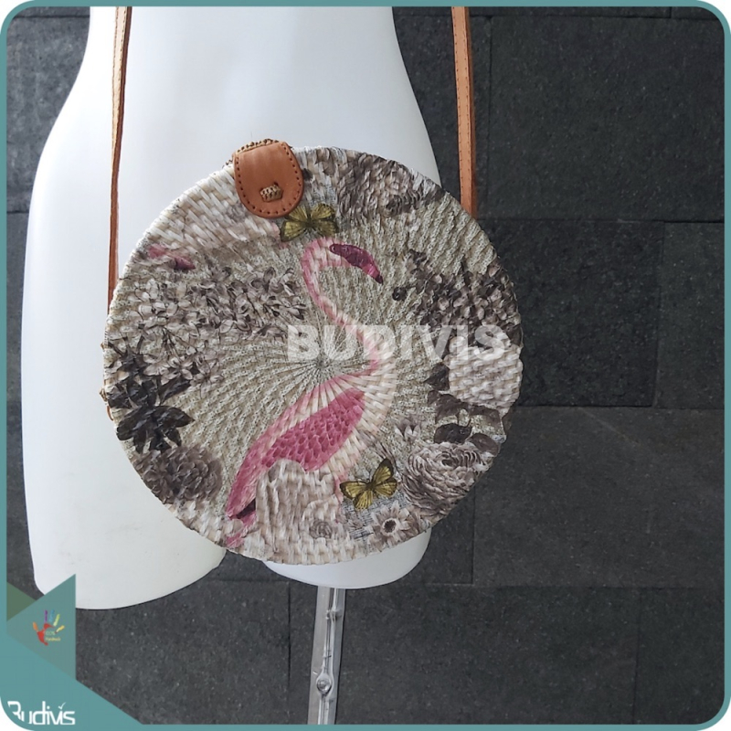 Flamingo Grey Background Rattan Bag