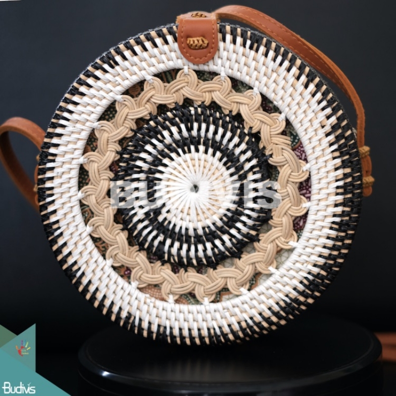 Round Black And White Woven Bali Rattan Bag