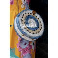 Round Blue And White Balinese Rattan Woven Bag