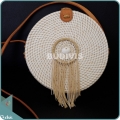 White Round Rattan Bag With Brown Dangling Dreamcatcher