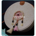 White Round Rattan Bag With Pink And Brown Dangling Dreamcatcher