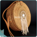 Natural Solid Round Rattan Bag With Brown Charm Dream Catcher